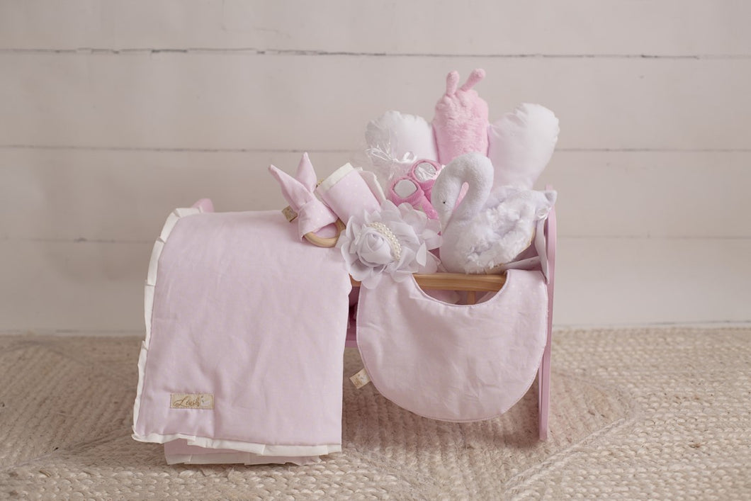 White Pearl Dots On Pink Wooden Doll Crib Gift Set