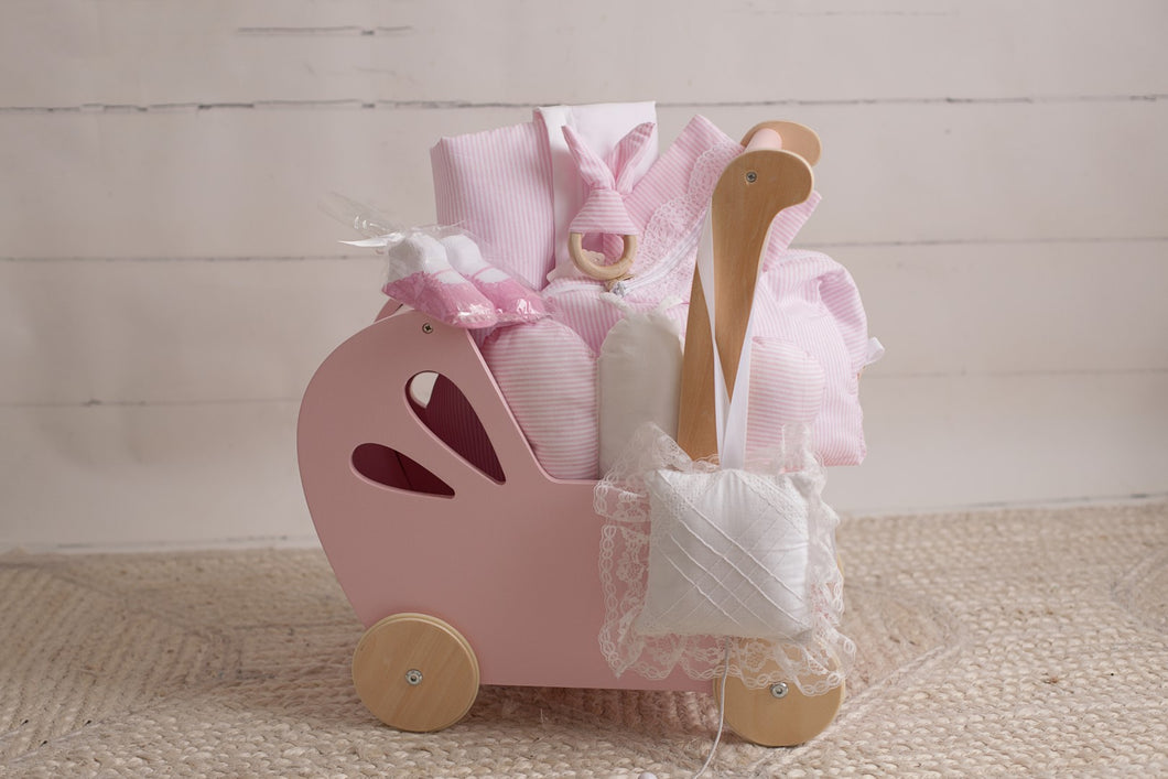 Pink Stripes Wood Stroller 7 Pieces Gift Set